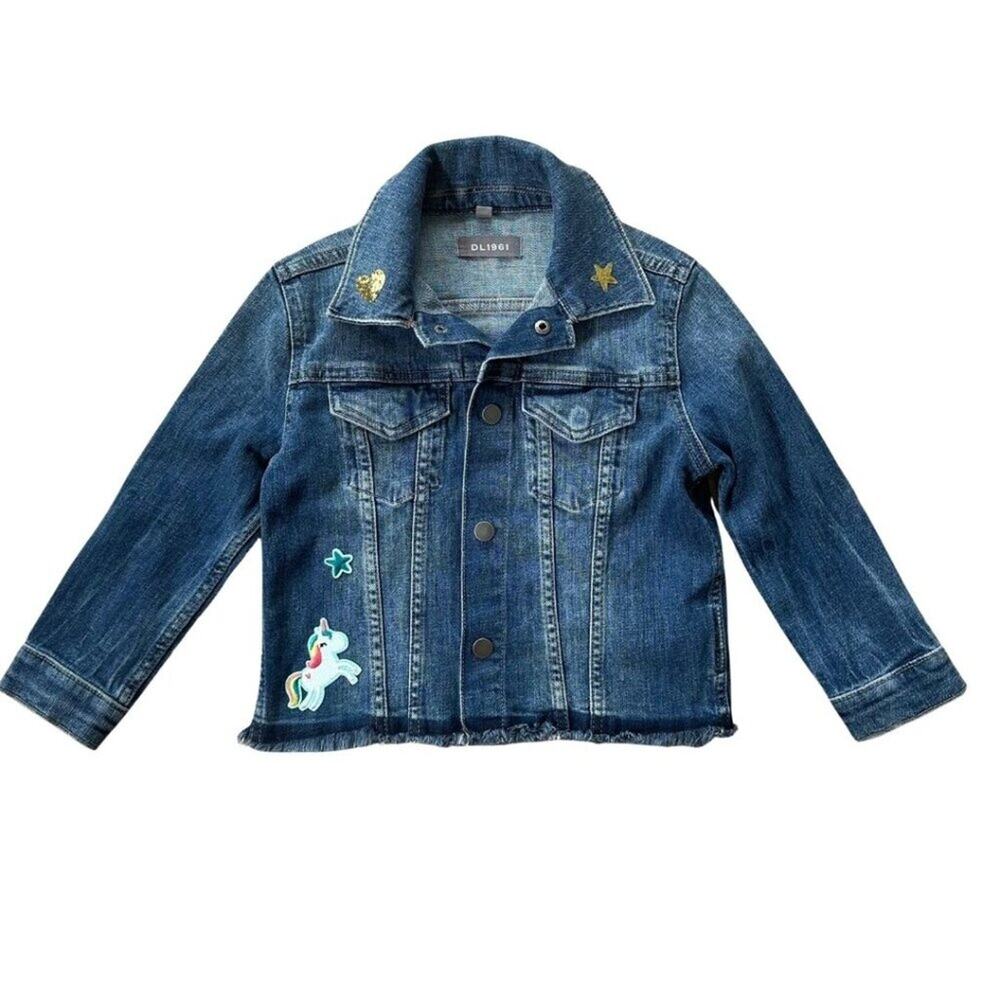 DL1961 Jean Jacket in Medium Wash Unicorn and Rainbow Patches 4/5
